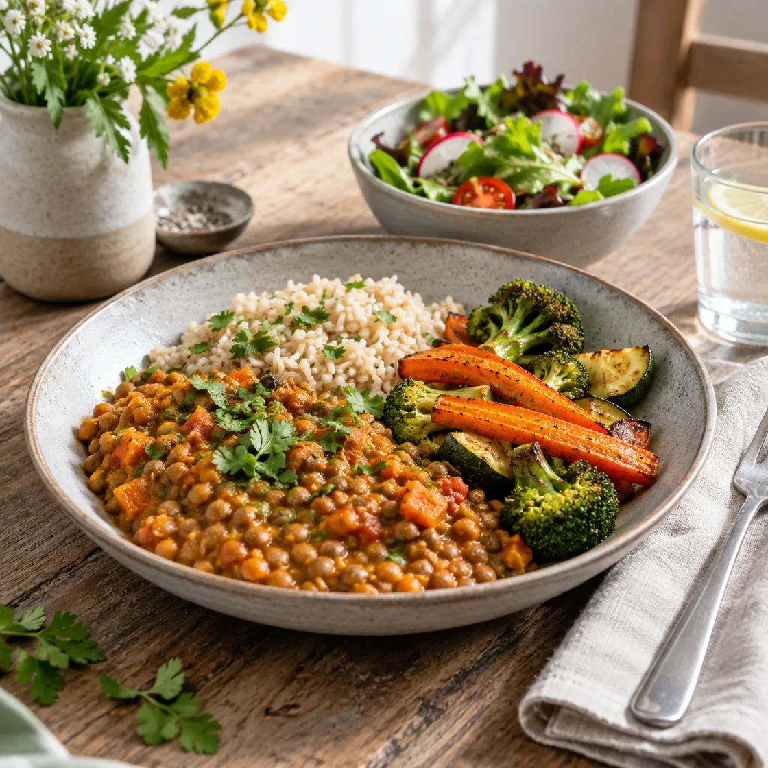 ayurveda ernährung – Linsen, Reis und saisonales Gemüse auf einem Teller