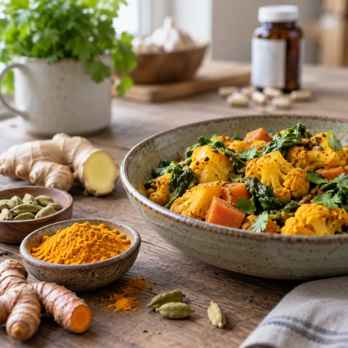 ayurveda ernährung – Gewürze und Gemüse, ein Präparat im Hintergrund