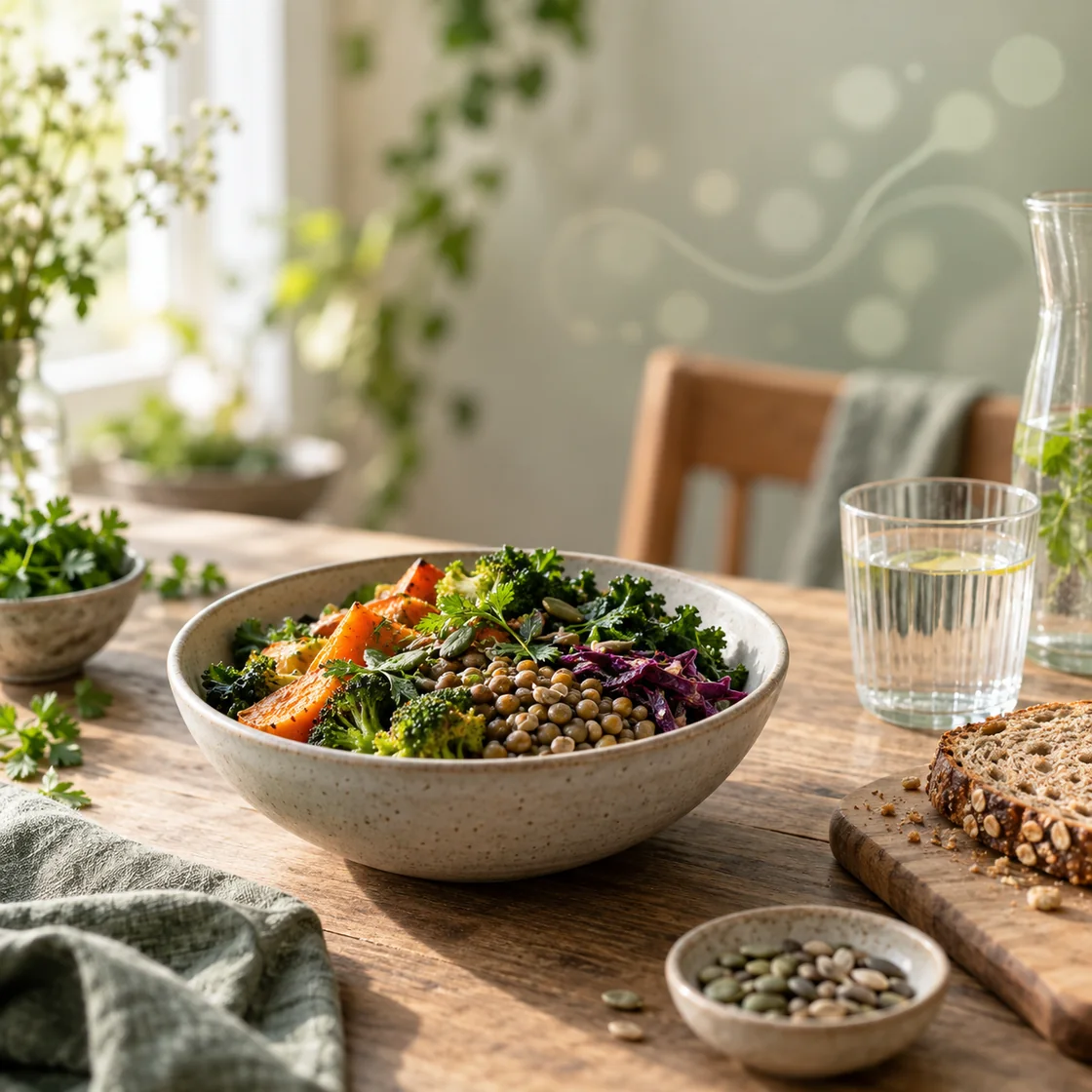 bakterien im darm – ballaststoffreiche Mahlzeit mit Gemüse, Hülsenfrüchten und Wasser