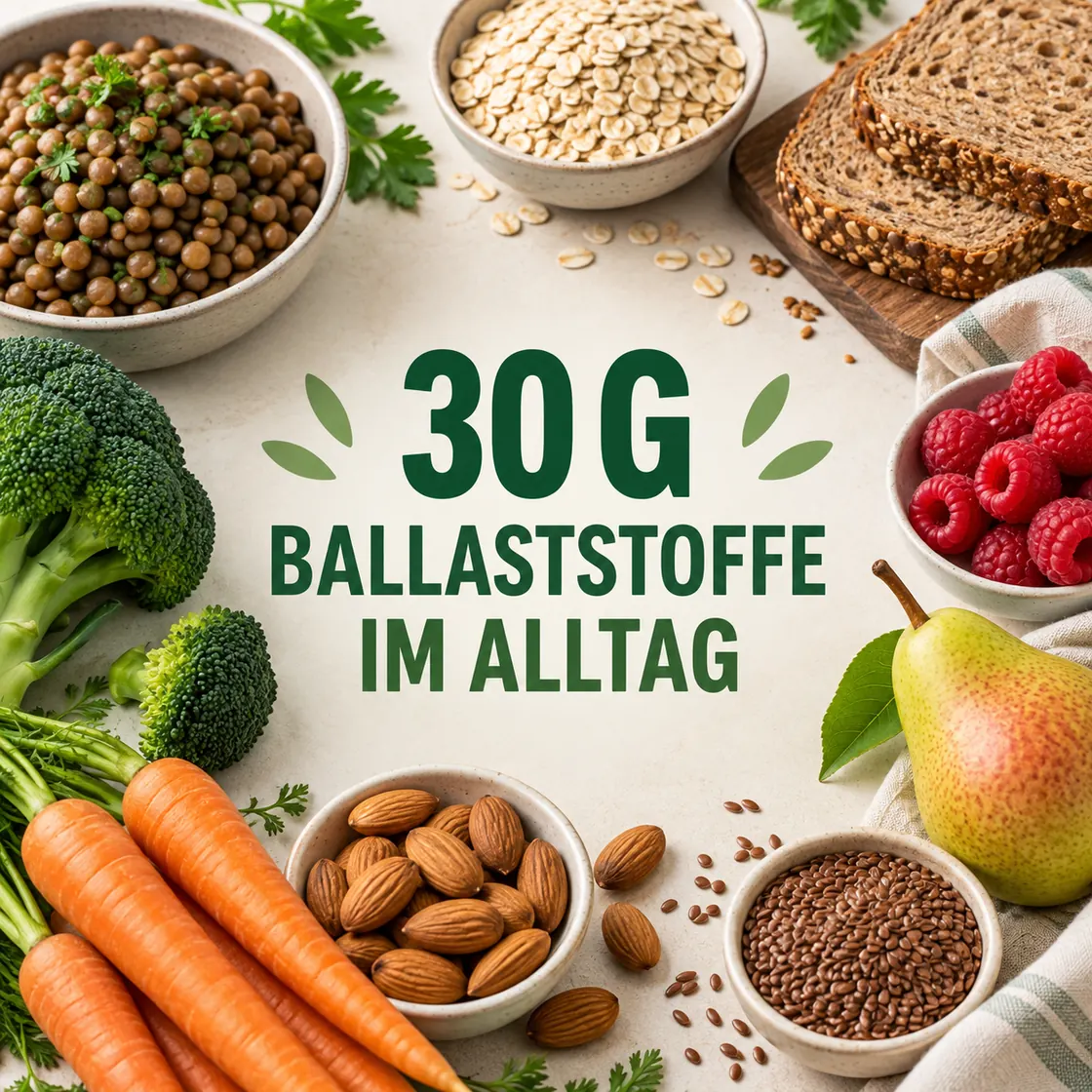 Ballaststoffreiche Nahrungsmittel – Linsen, Hafer, Vollkornbrot, Gemüse, Beeren, Birne, Mandeln und Leinsamen.