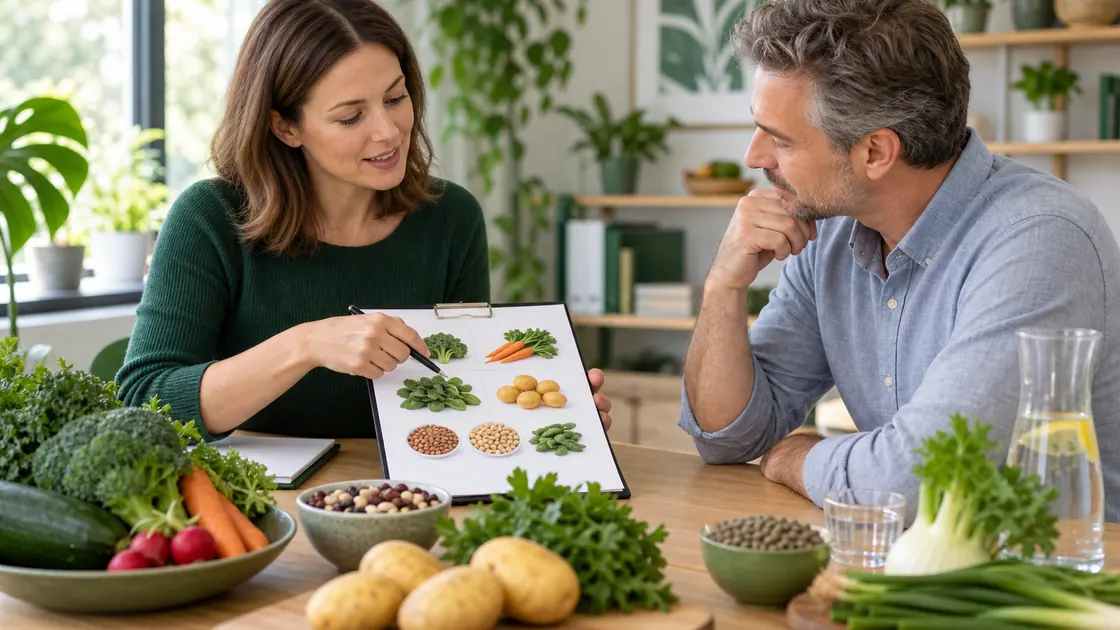 Basische Ernährung für Anfänger – Ernährungsberatung mit Gemüse, Kartoffeln und Hülsenfrüchten auf dem Tisch.