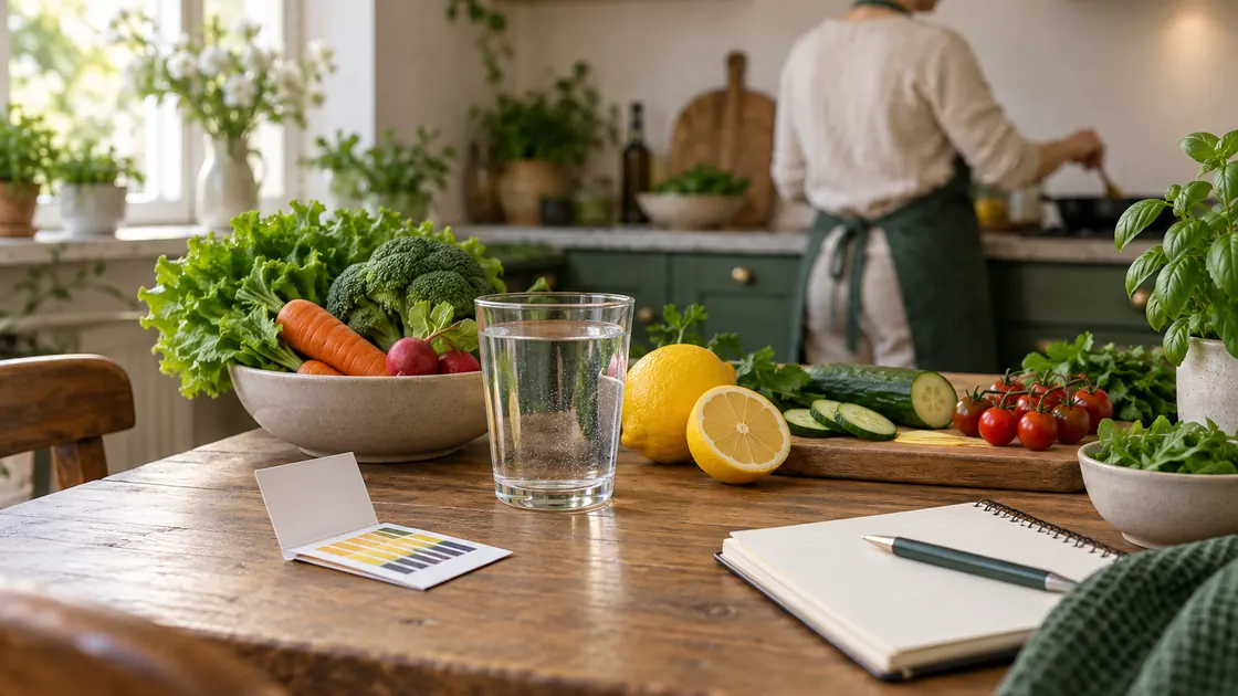 Basische Ernährung für Anfänger – pH-Teststreifen liegt neben Wasser und Gemüse, während im Hintergrund gekocht wird.