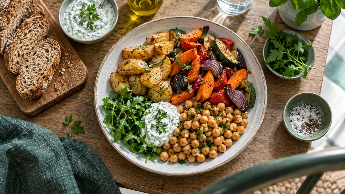 Basische Ernährung für Anfänger – Teller mit Kartoffeln, Ofengemüse, Kichererbsen, Vollkornbrot und Joghurtdip.