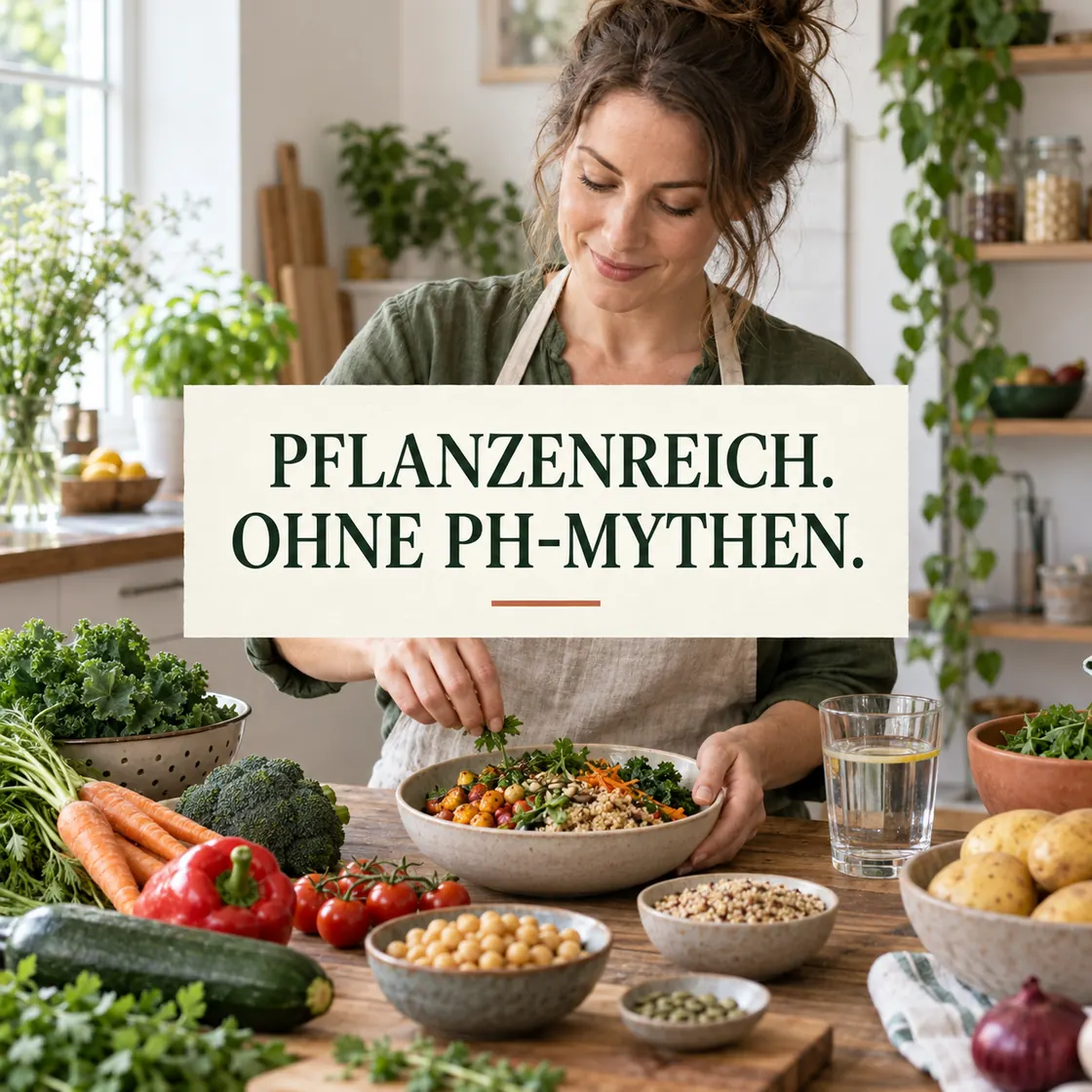 Basische Ernährung für Anfänger – pflanzenreiche Mahlzeit mit zentraler Überschrift ohne pH-Mythen.