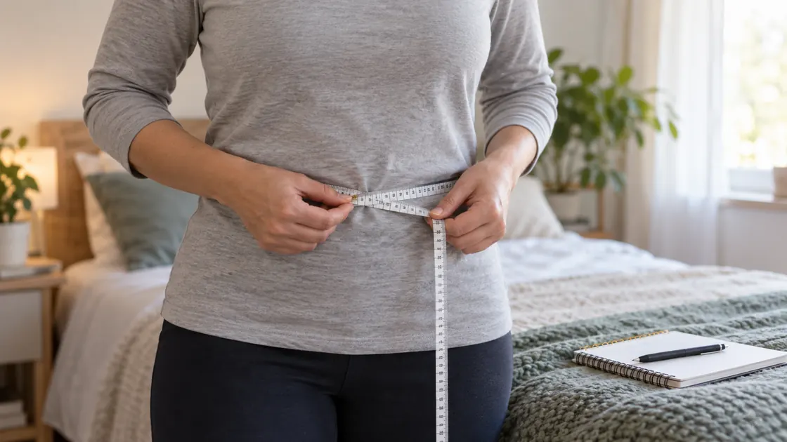 Abnehmen am Bauch Hausmittel – erwachsene Person misst den Bauchumfang mit einem Maßband.