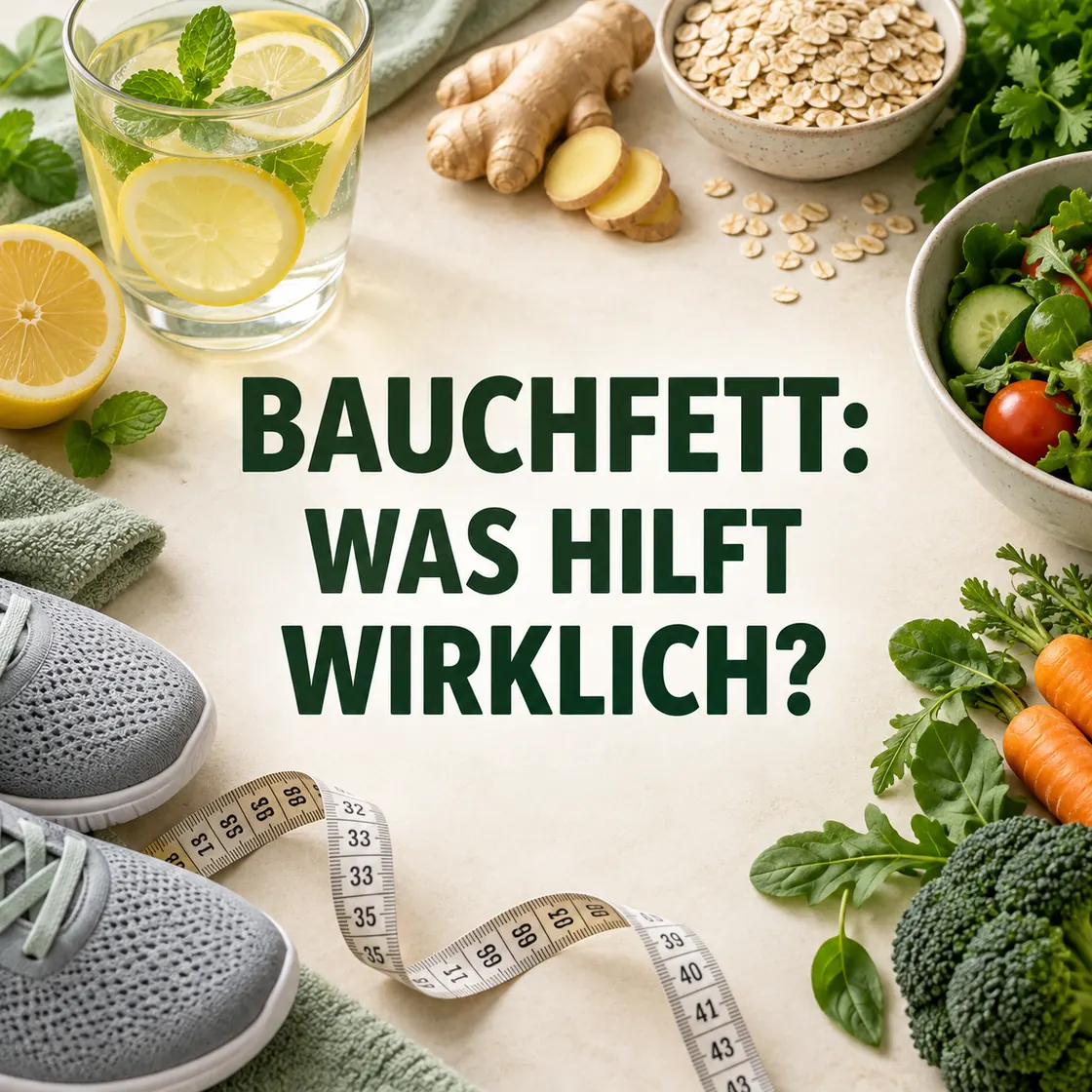 Abnehmen am Bauch Hausmittel – Zitronenwasser, Ingwer, Hafer, Gemüse, Schuhe und Maßband mit zentraler Überschrift.