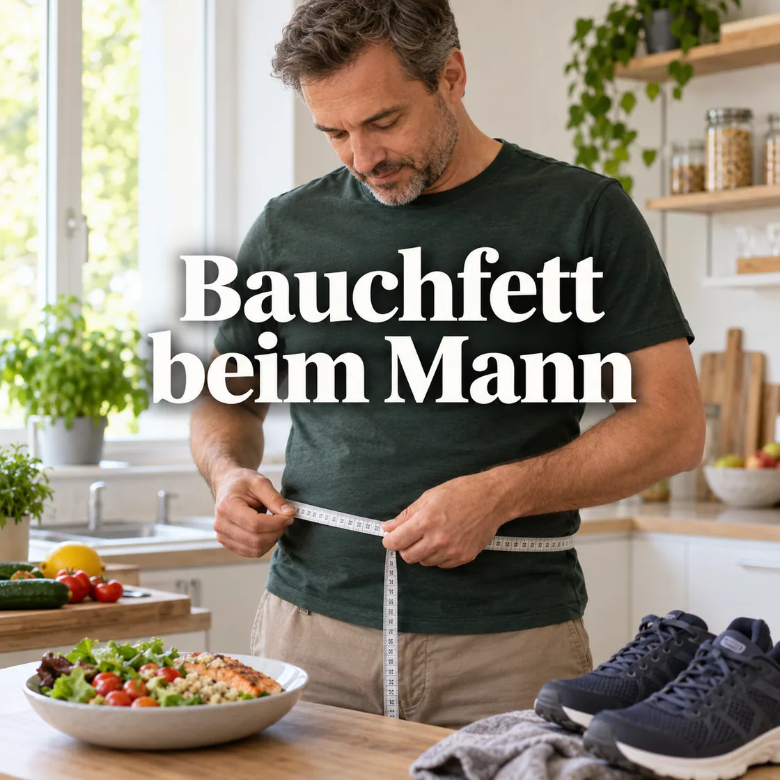 bauchfett verlieren mann – Mann misst den Taillenumfang, mit Text Bauchfett beim Mann