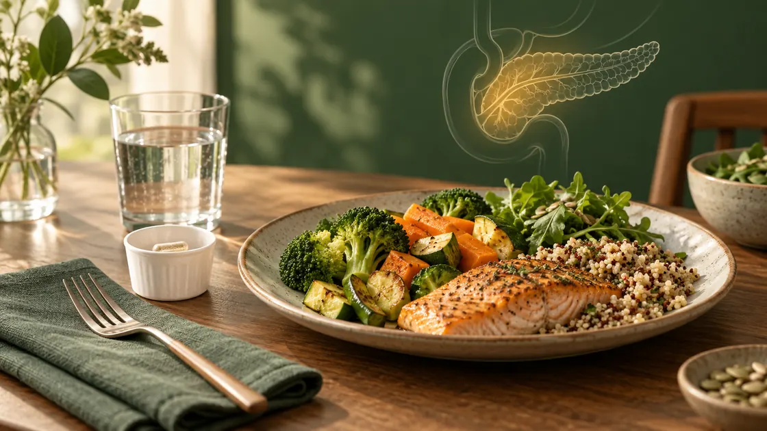 Bauchspeicheldrüse Ernährung – verordnete Pankreasenzyme werden zusammen mit einer Mahlzeit eingenommen.