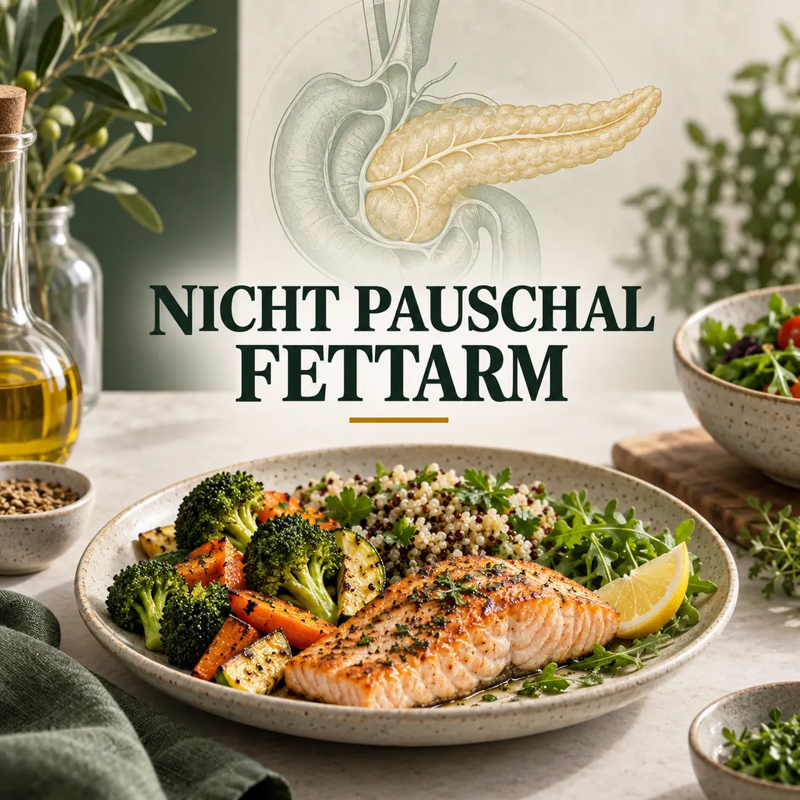 Bauchspeicheldrüse Ernährung – ausgewogene Mahlzeit mit Pankreaszeichnung und dem Hinweis Nicht pauschal fettarm.