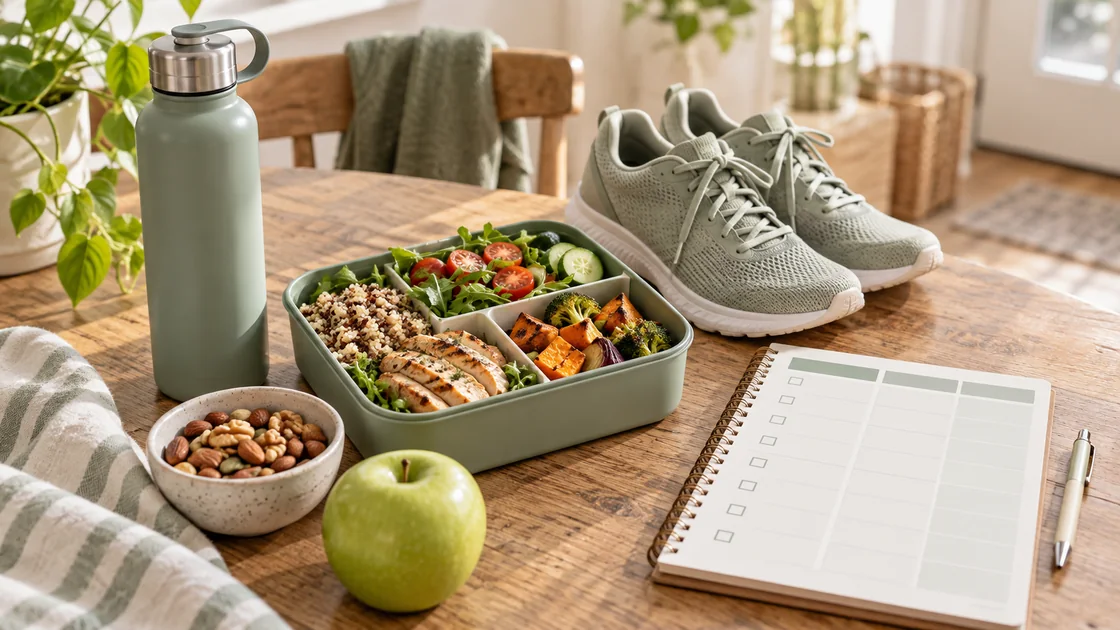 Beste Diät – vorbereitete Mahlzeit, Wasser, Bewegung und Wochenplan