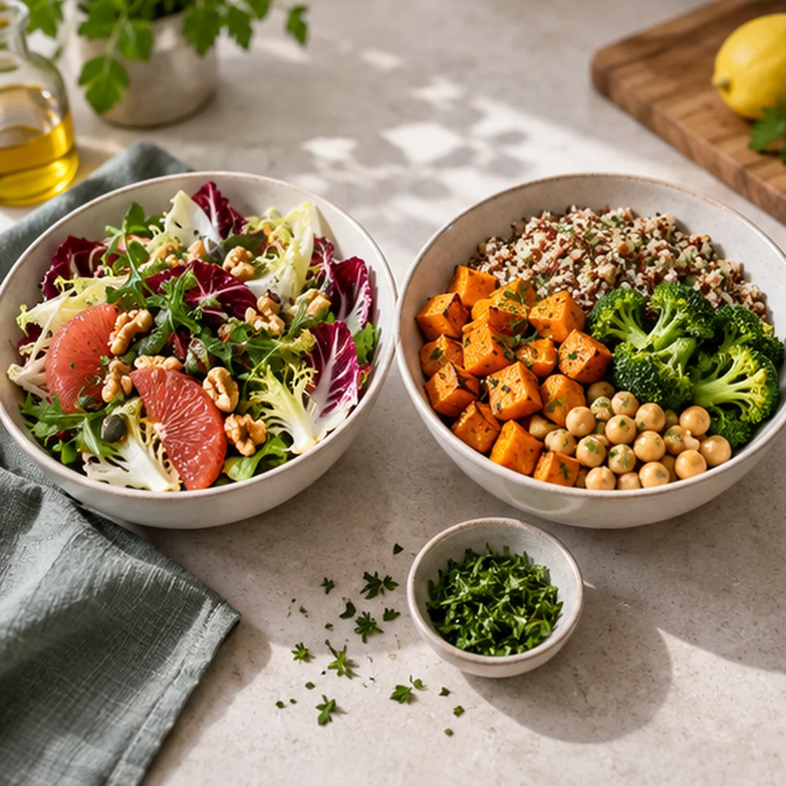 Bitterstoffe abnehmen – bittere Salatzutaten und ausgewogene Mahlzeit vergleichen