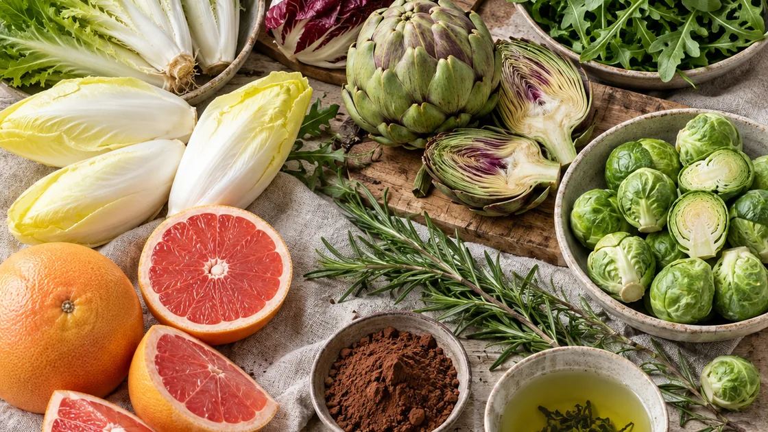 bitterstoffe lebensmittel – natürliche bittere Gemüse, Salate, Grapefruit, Kakao und grüner Tee