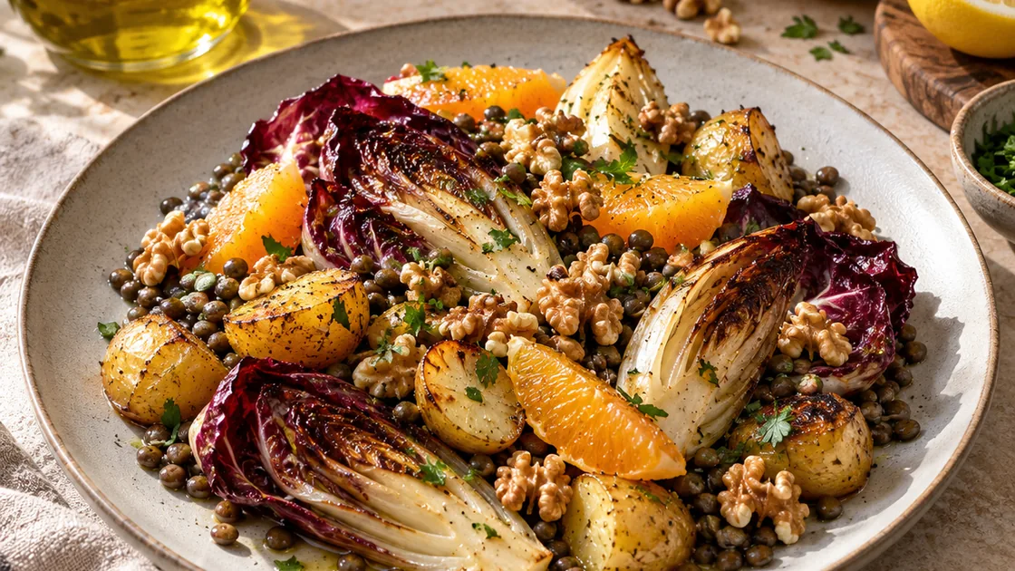 bitterstoffe lebensmittel – vollständiger Teller mit Radicchio, Chicorée, Linsen, Kartoffeln, Orange und Walnüssen