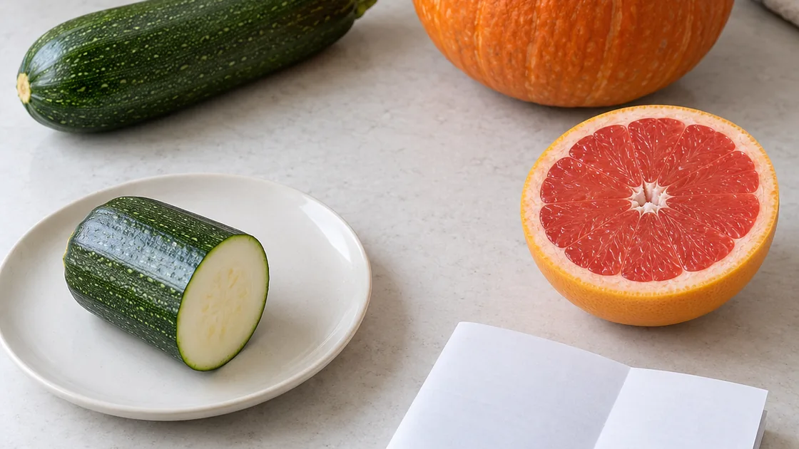 bitterstoffe lebensmittel – Zucchini, Kürbis, Grapefruit und leeres Merkblatt als Sicherheitshinweis
