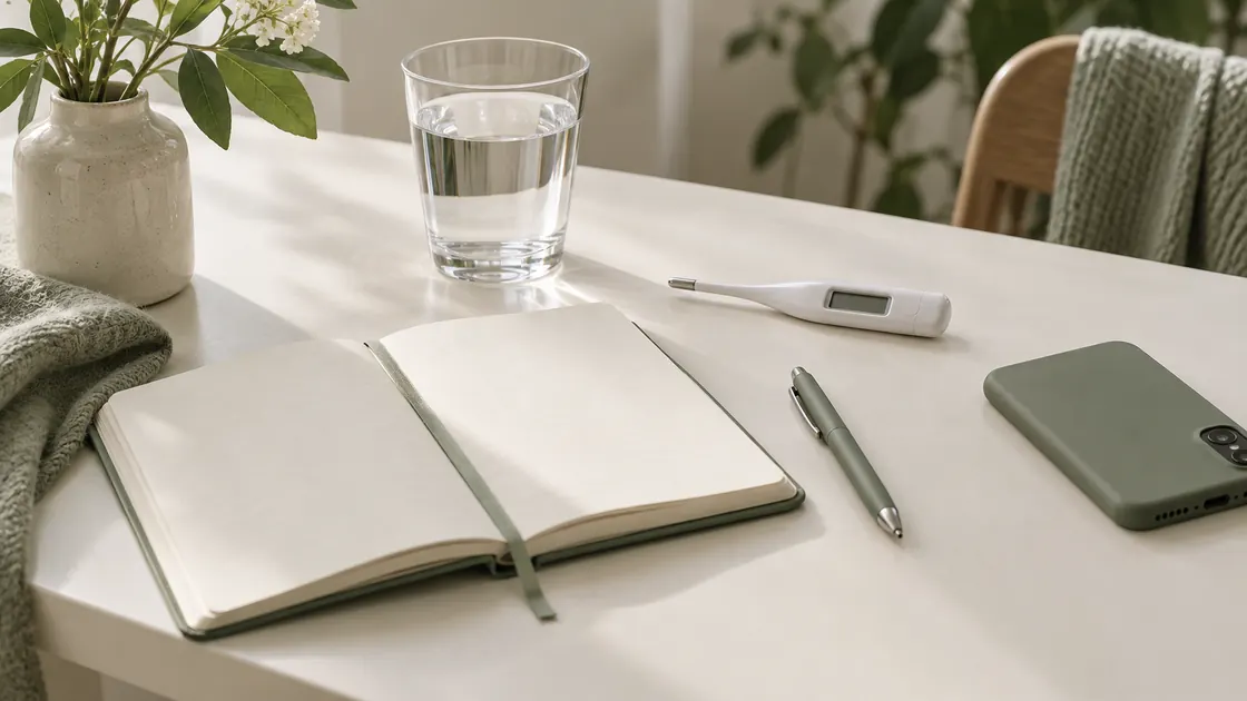 Blasenentzündung Hausmittel schnell – leeres Symptomprotokoll mit Thermometer, Wasser und Telefon.