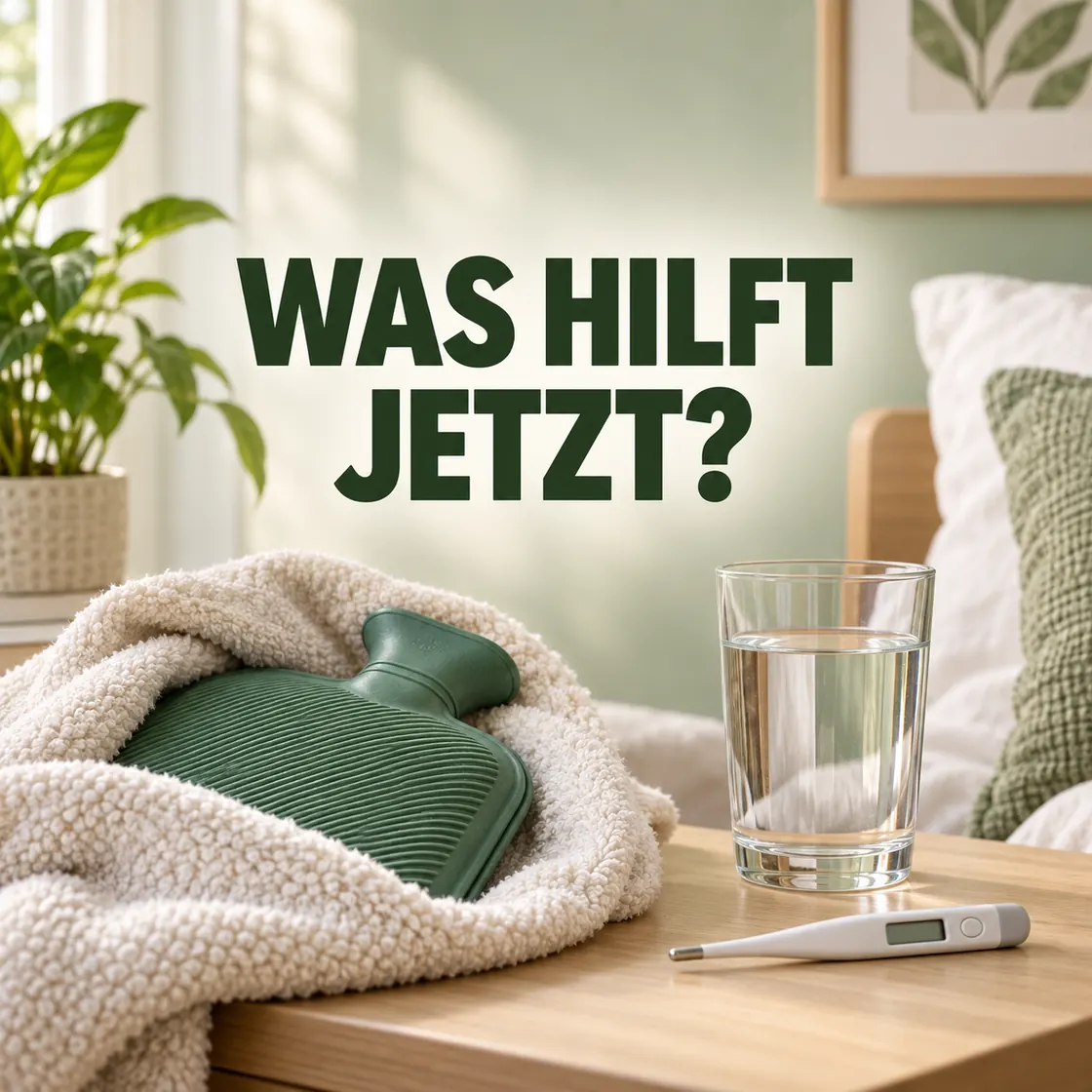 Blasenentzündung Hausmittel schnell – Wärmflasche, Wasser und Thermometer mit zentraler Überschrift.