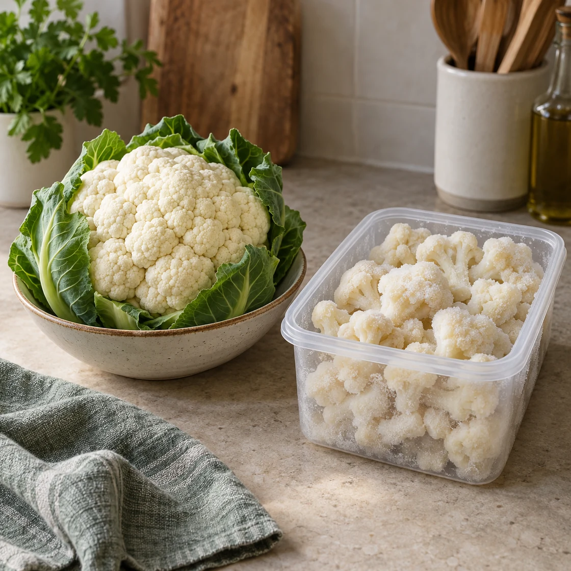 blumenkohl gesund: frischer Kopf neben einer Dose mit tiefgekühlten Röschen
