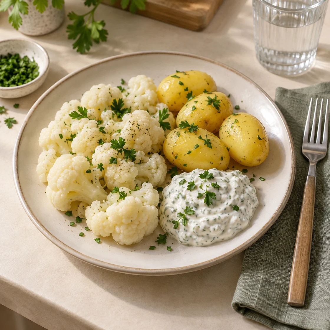 blumenkohl gesund: Teller mit gegarten Röschen, Kartoffeln und Kräuterquark