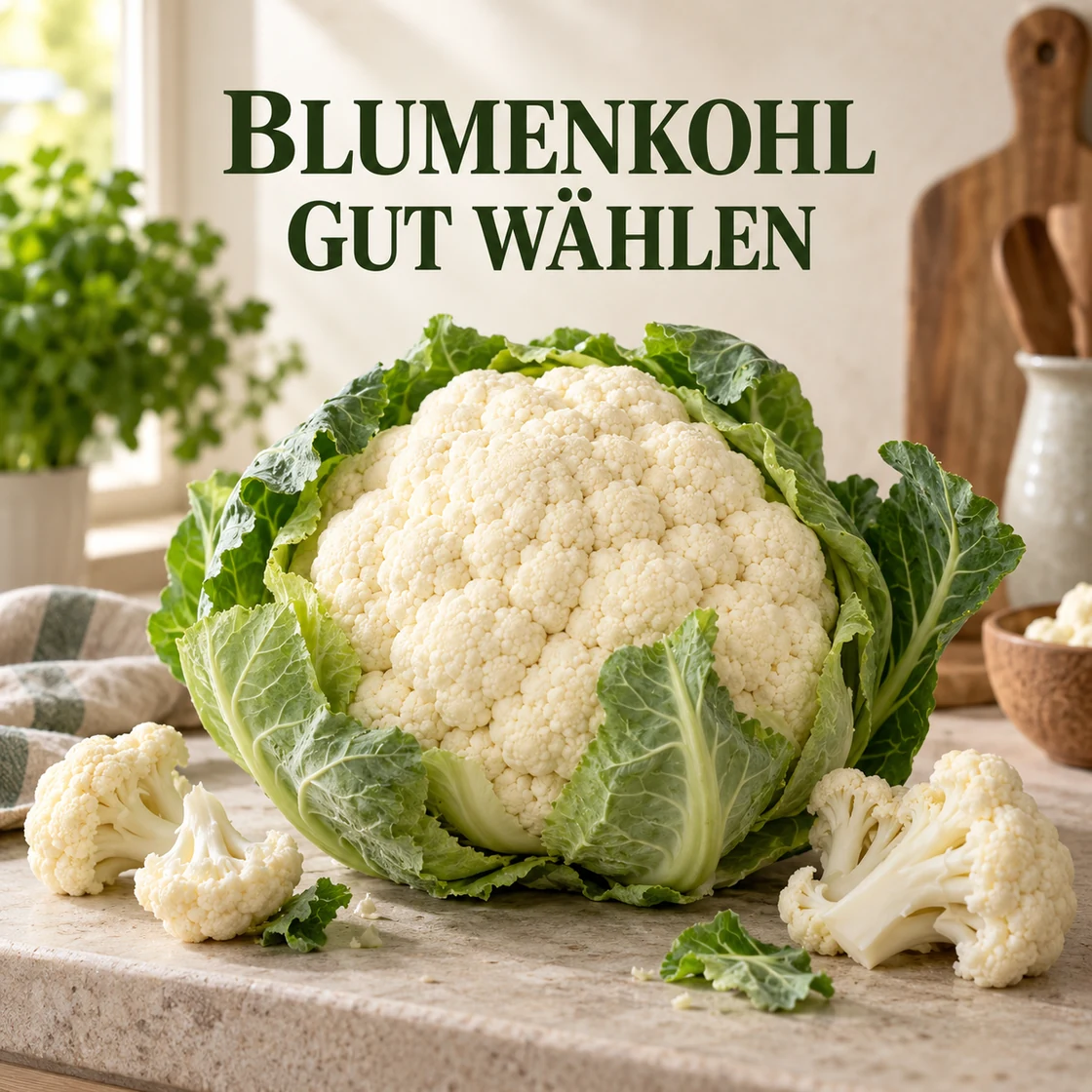 blumenkohl gesund: frischer Kopf mit grünen Blättern und Schriftzug BLUMENKOHL GUT WÄHLEN
