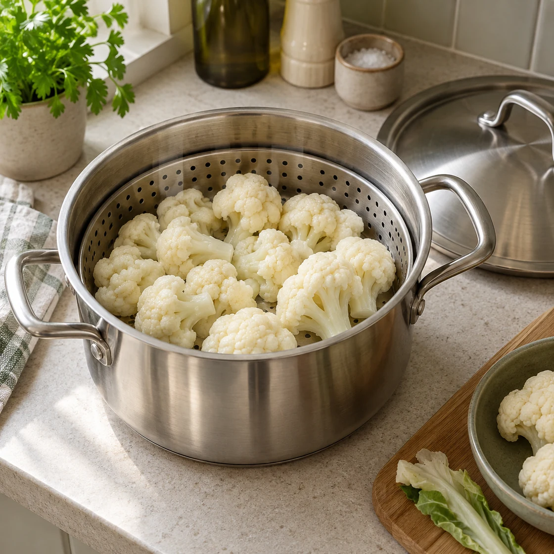 blumenkohl gesund: gegarte Röschen in einem Dämpfeinsatz