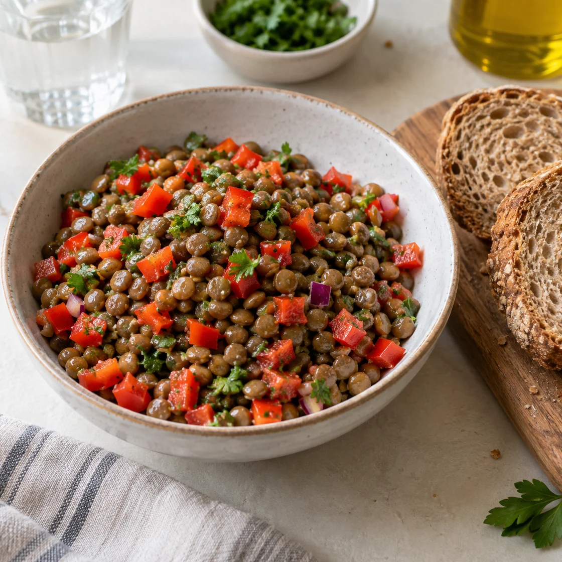 blutarmut ernährung – Linsensalat mit Paprika und Vollkornbrot