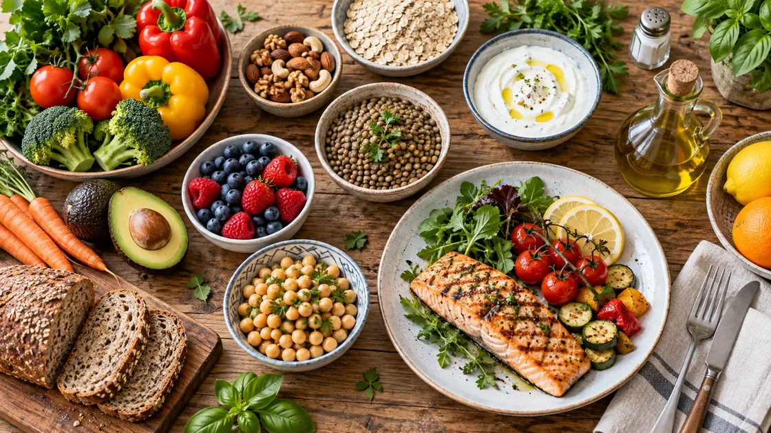 Hausmittel gegen hohen Blutdruck – Gemüse, Obst, Hülsenfrüchte, Vollkorn, Nüsse, Joghurt und Fisch nach DASH-Art.