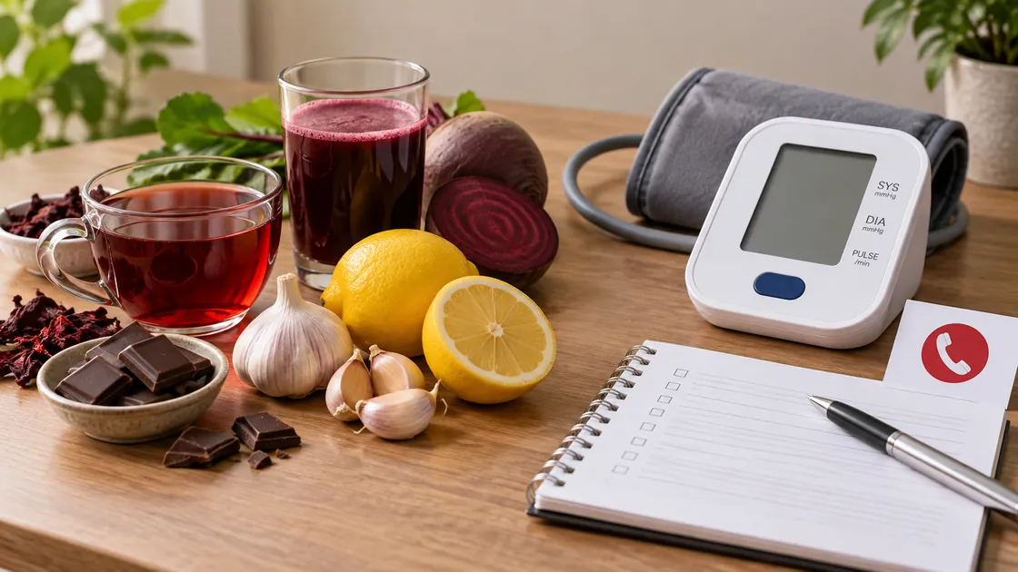 Hausmittel gegen hohen Blutdruck – Rote Bete, Hibiskus, Knoblauch, Zitrone, Schokolade und Messgerät gemeinsam prüfen.
