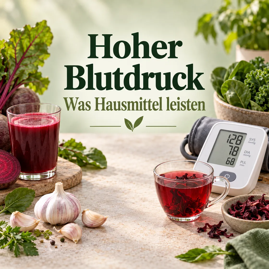 Hausmittel gegen hohen Blutdruck – Messgerät, Rote Bete, Hibiskus und Knoblauch im sachlichen Überblick.