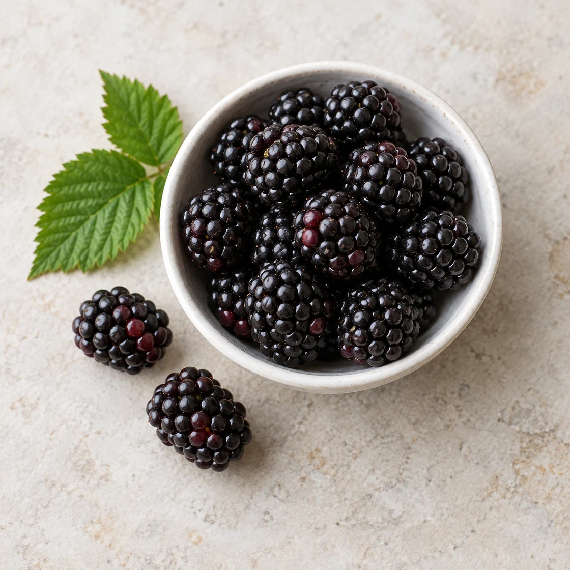 Brombeeren gesund: frische dunkle Früchte in einer kleinen hellen Schale