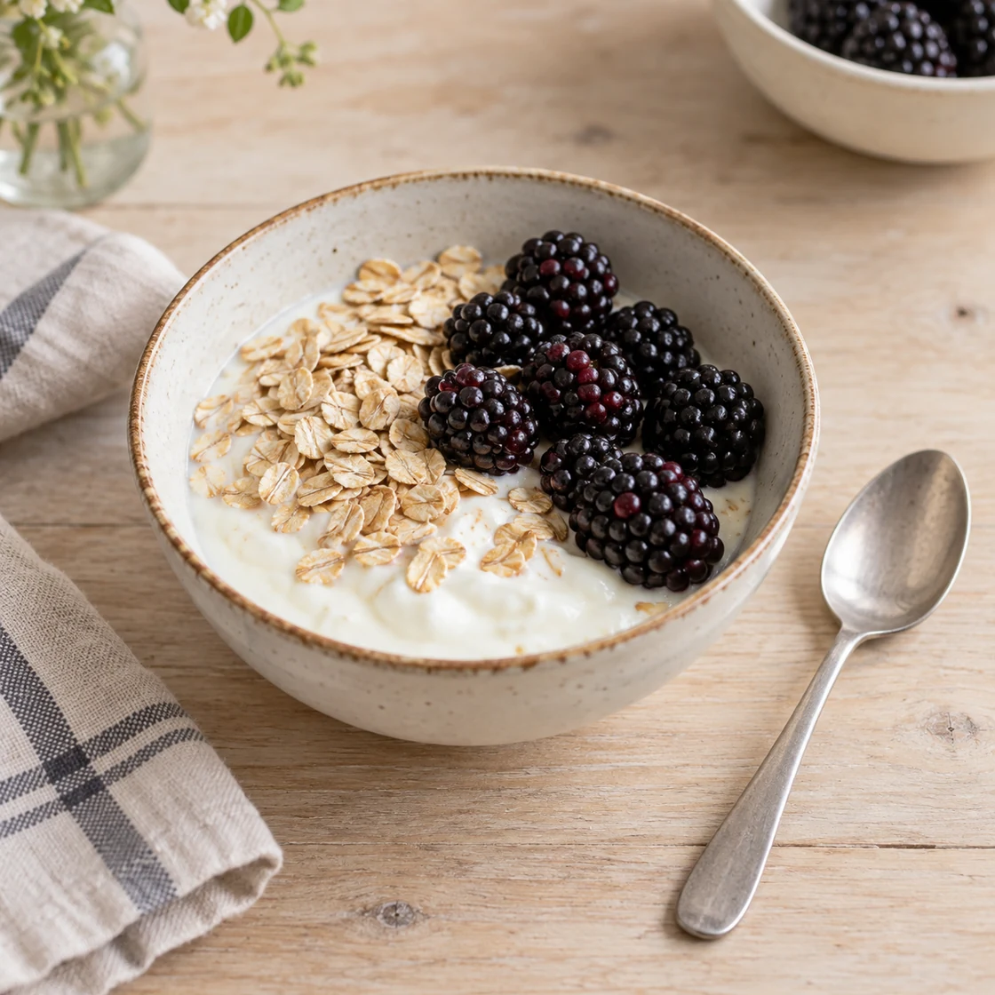Brombeeren gesund: Naturjoghurt mit Haferflocken und einer Portion frischer Früchte
