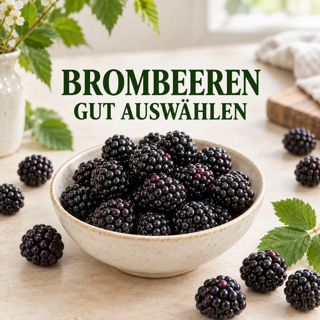 Brombeeren gesund: Schale mit dunklen Beeren und Schriftzug BROMBEEREN GUT AUSWÄHLEN