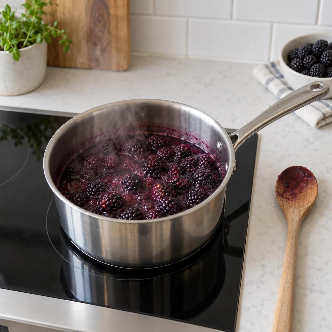 Brombeeren gesund: köchelnde Beeren in einem Topf auf dem Herd