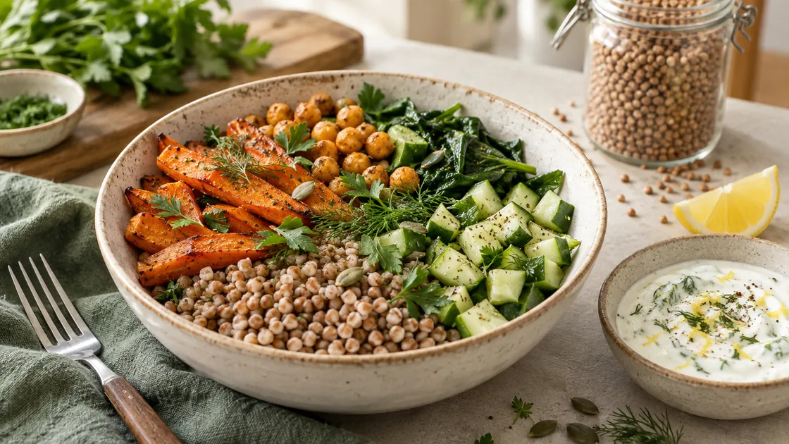 buchweizen gesund – ausgewogene Buchweizen-Bowl mit Gemüse, Kichererbsen und Joghurtsauce