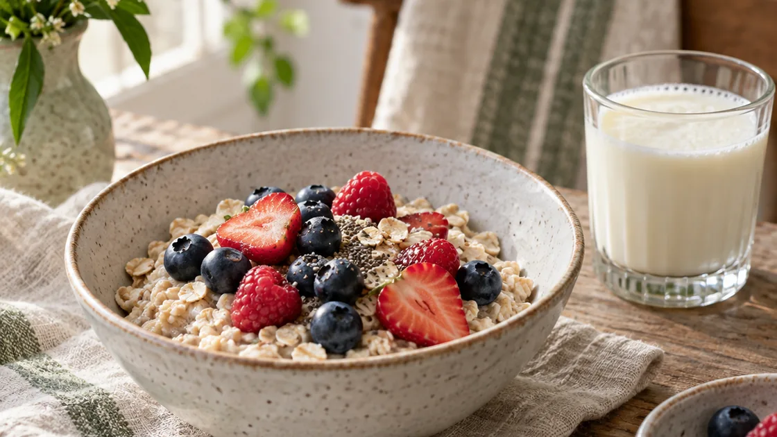 Buttermilch gesund kombinieren: Glas neben Haferflocken und frischen Beeren