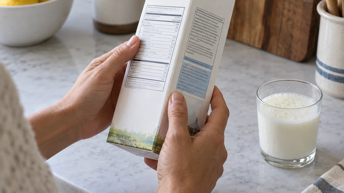 Buttermilch gesund prüfen: Hände lesen Zutaten und Nährwerte auf einer Packung