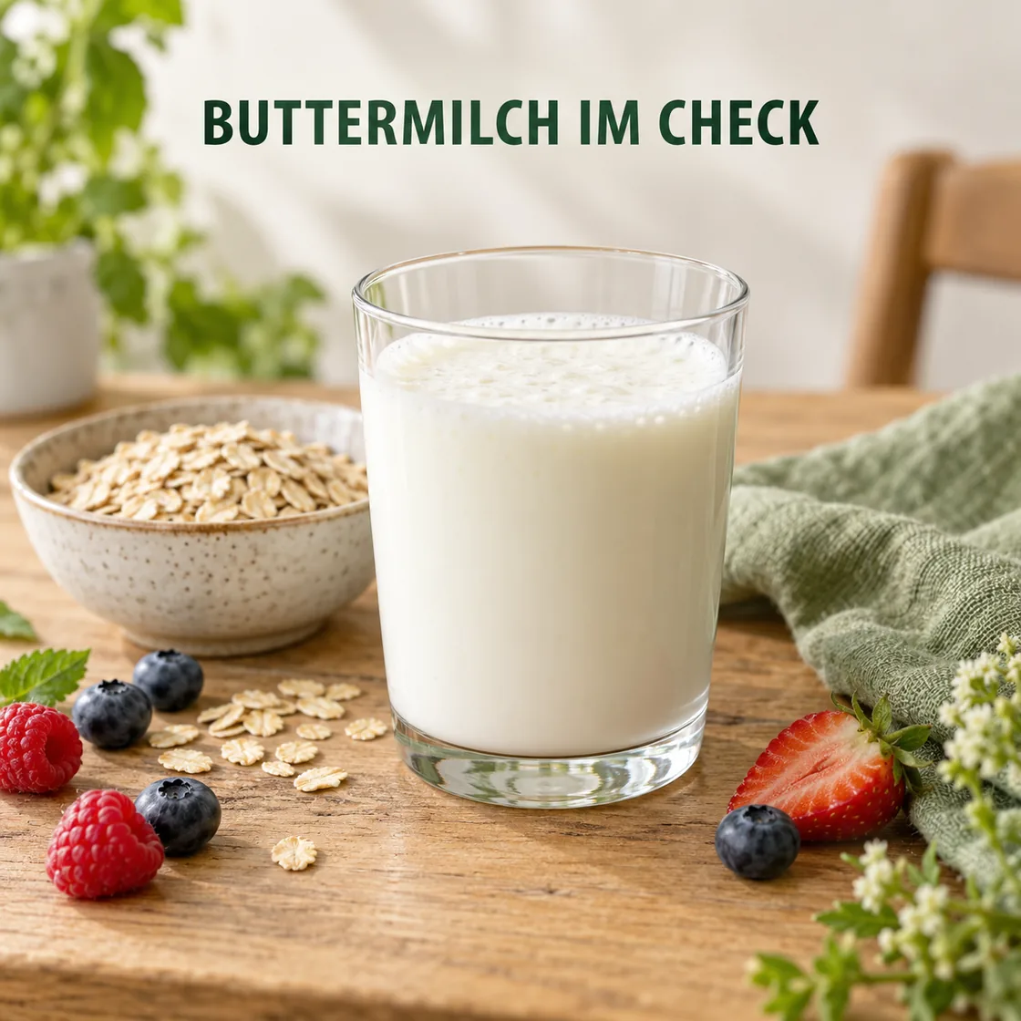 Buttermilch gesund einordnen: Glas Naturbuttermilch mit Haferflocken und Beeren