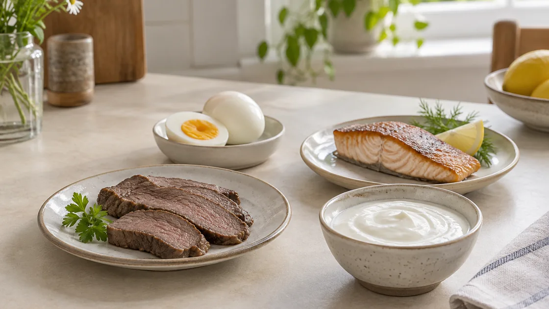 Carnivore Ernährung: gegartes Fleisch, Fisch, Ei und Joghurt als tierische Lebensmittel
