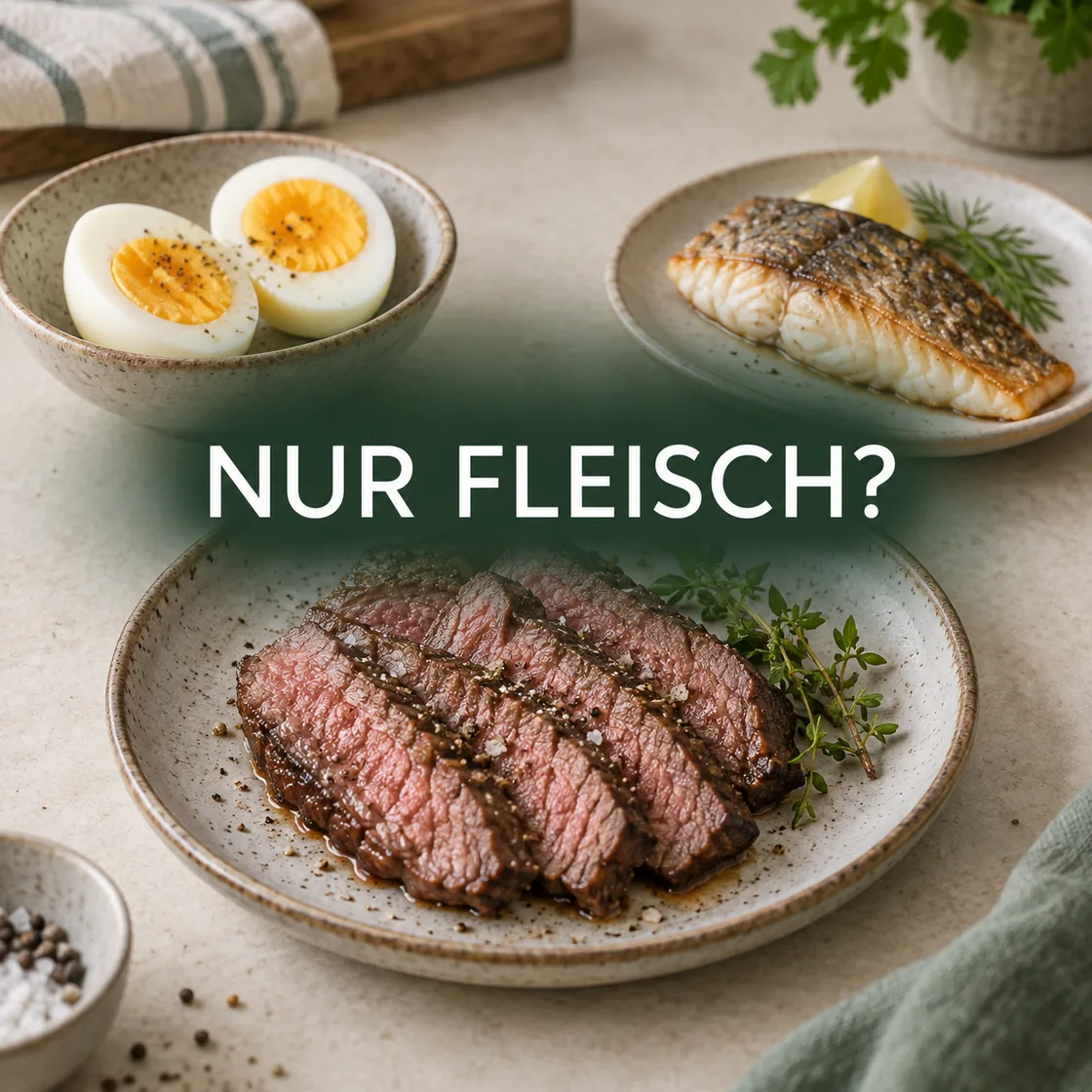 Carnivore Ernährung: Fleisch, Ei und Fisch mit dem Schriftzug Nur Fleisch?