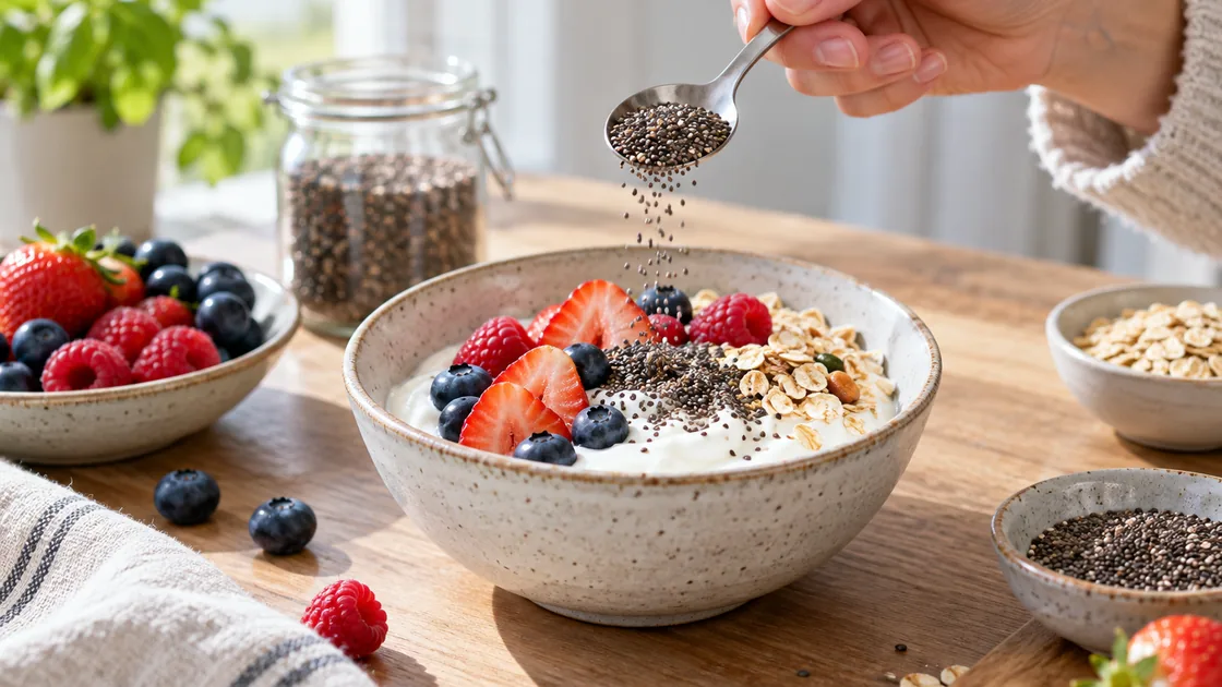 chiasamen abnehmen – Samen werden über eine Schale Joghurt, Beeren und Haferflocken gestreut