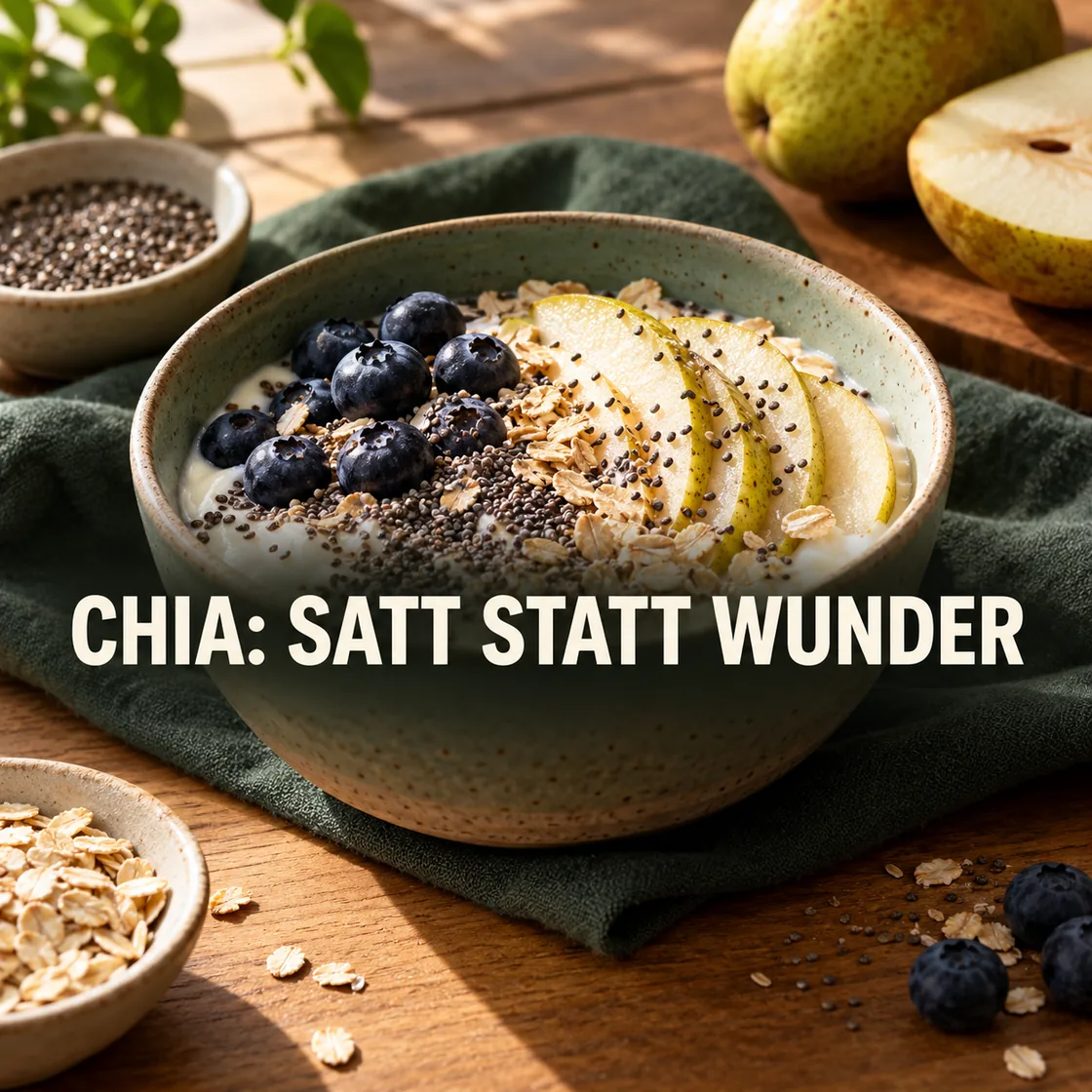 chiasamen abnehmen – kleine Chiasamen und Joghurt mit Beeren, mit dem Schriftzug CHIA: SATT STATT WUNDER