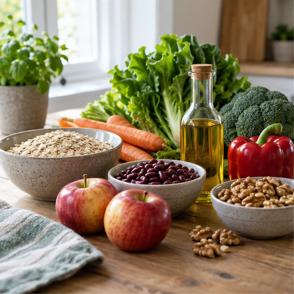 Cholesterinarme Ernährung – Hafer, Hülsenfrüchte, Äpfel, Gemüse, Nüsse und Pflanzenöl