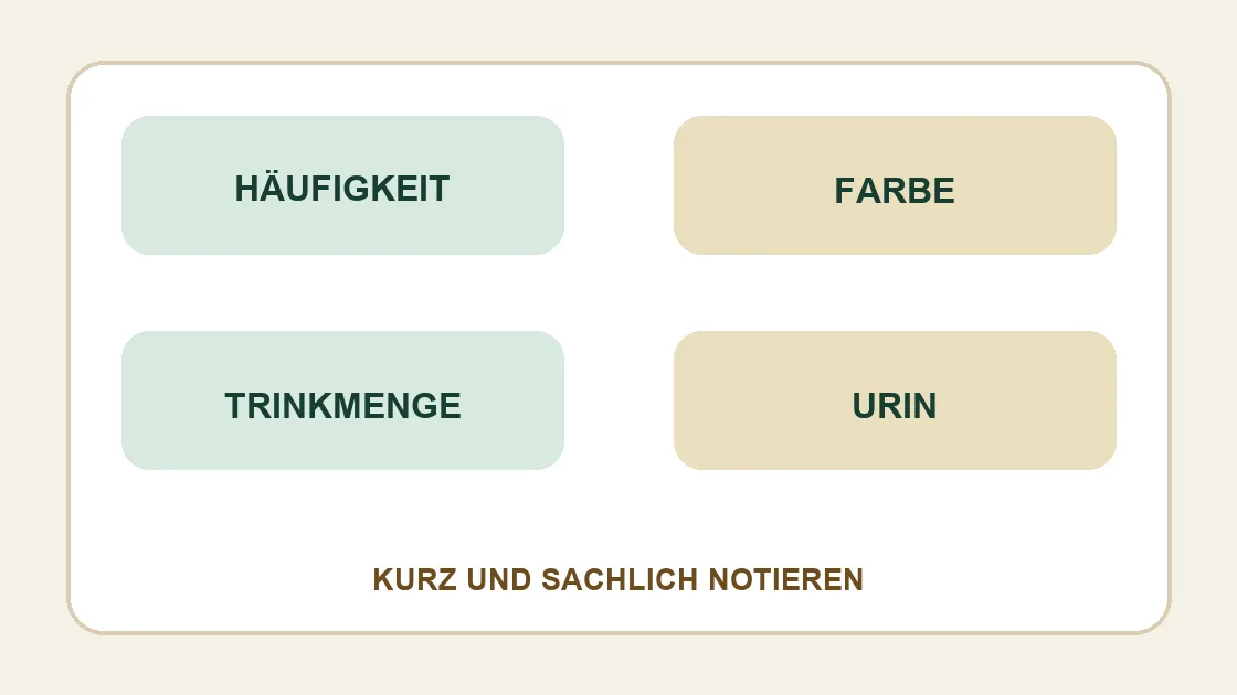 Corona gelber Durchfall – Häufigkeit, Farbe, Trinkmenge und Urin getrennt notieren.