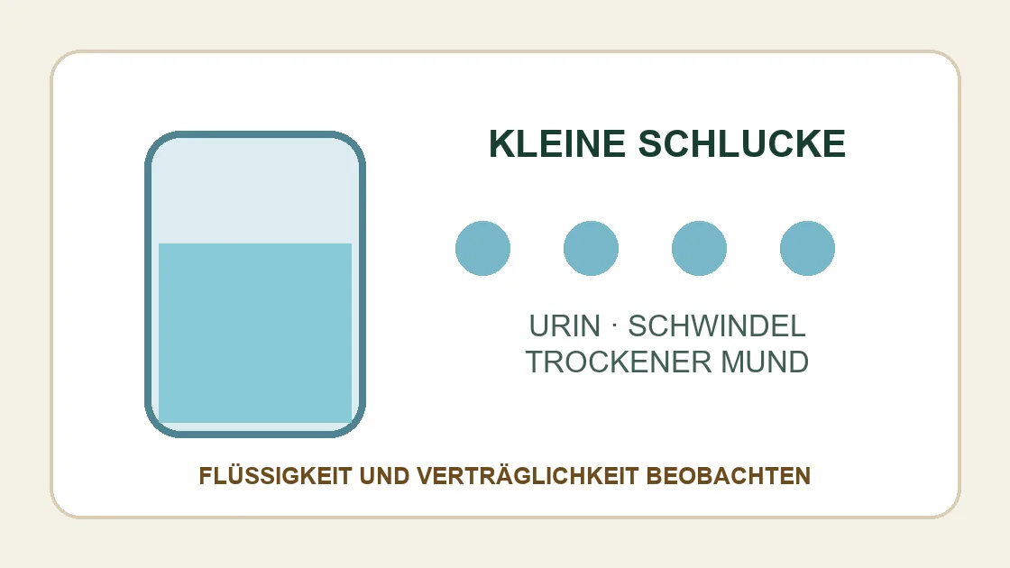 COVID Übelkeit – kleine Schlucke und Zeichen von Flüssigkeitsmangel beobachten.