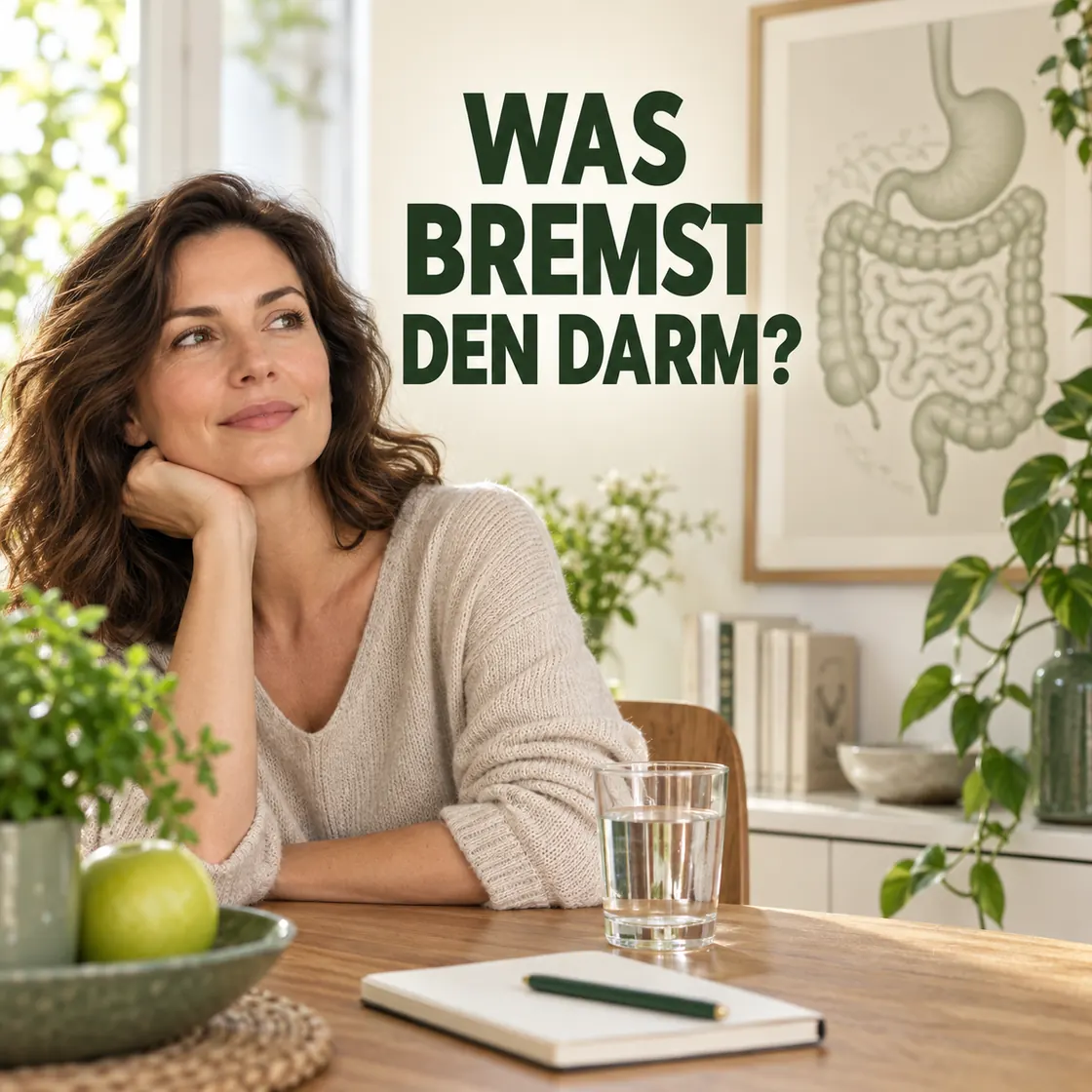 Darm anregen – erwachsene Person mit Wasser, Notizbuch und stilisierter Darmdarstellung.