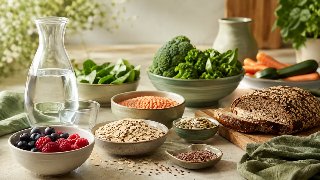 Darm Detox – Wasser, Vollkorn, Hülsenfrüchte, Beeren und Gemüse als ballaststoffreiche Alltagsauswahl.