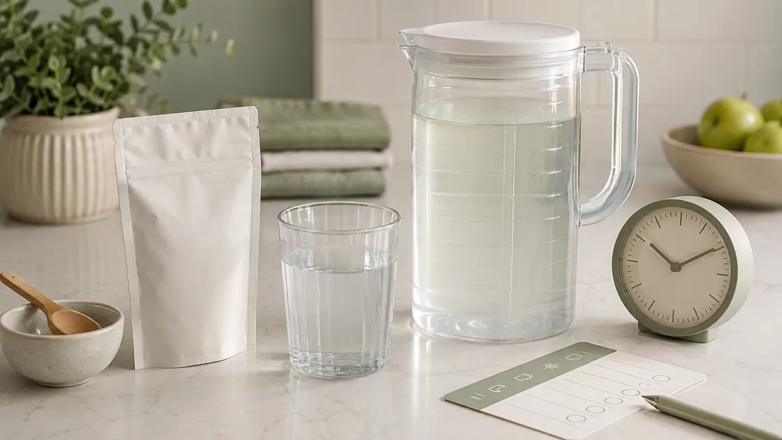 Darm Detox – neutrale Vorbereitungslösung, Trinkglas, Uhr und Terminnotiz vor einer Darmspiegelung.