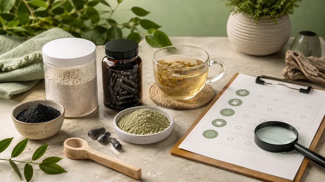 Darm Detox – neutrale Kapseln, Aktivkohle, Mineralpulver und Tee werden anhand einer Prüfliste verglichen.