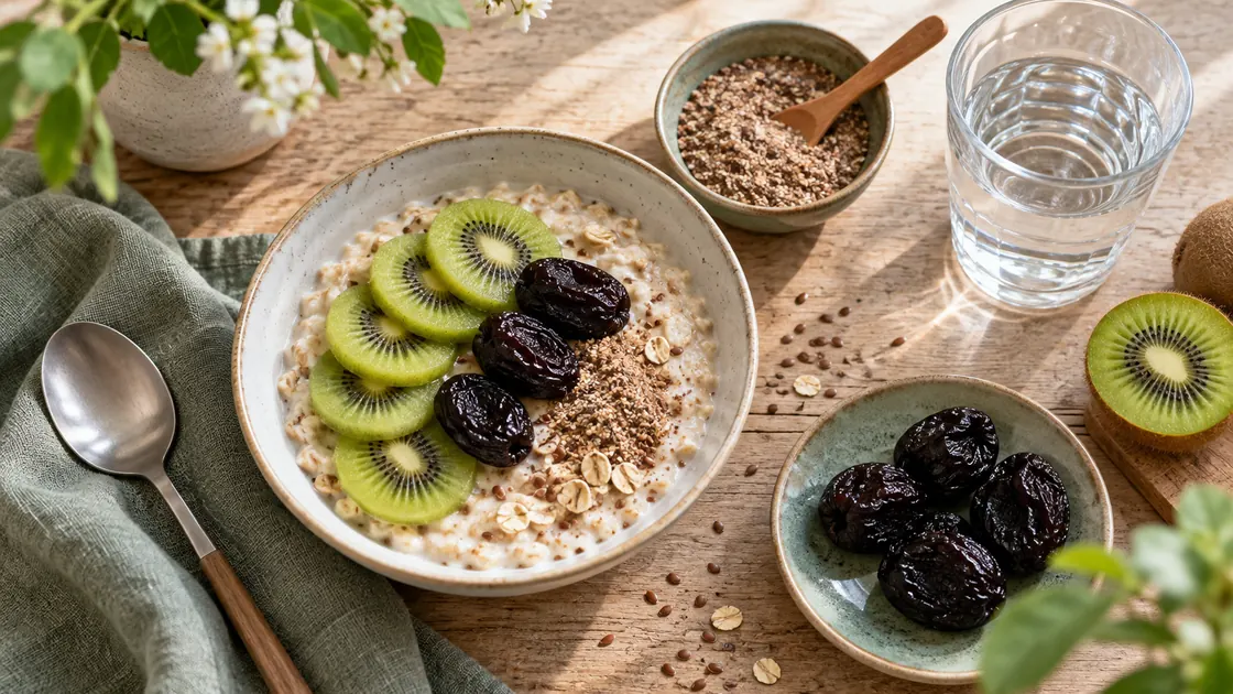 Darm reinigen Hausmittel – Haferbrei, Kiwi, Trockenpflaumen, Leinsamen und Wasser als milde Lebensmittelwahl.