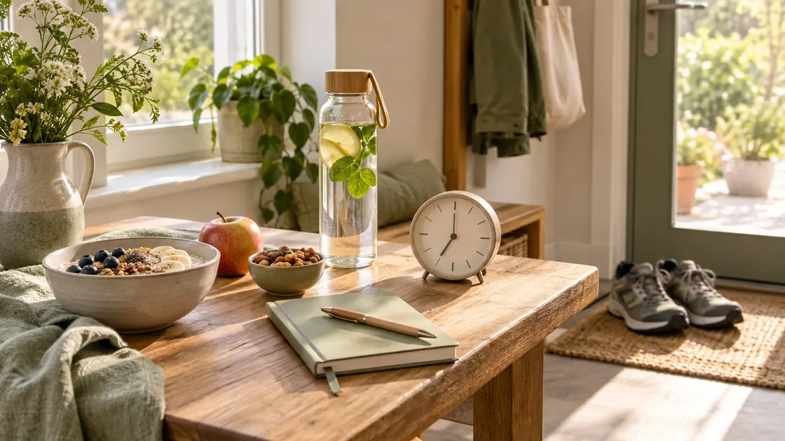 Darm reinigen Hausmittel – Wasser, Frühstück, Notizbuch, Uhr und Schuhe für eine regelmäßige Alltagsroutine.