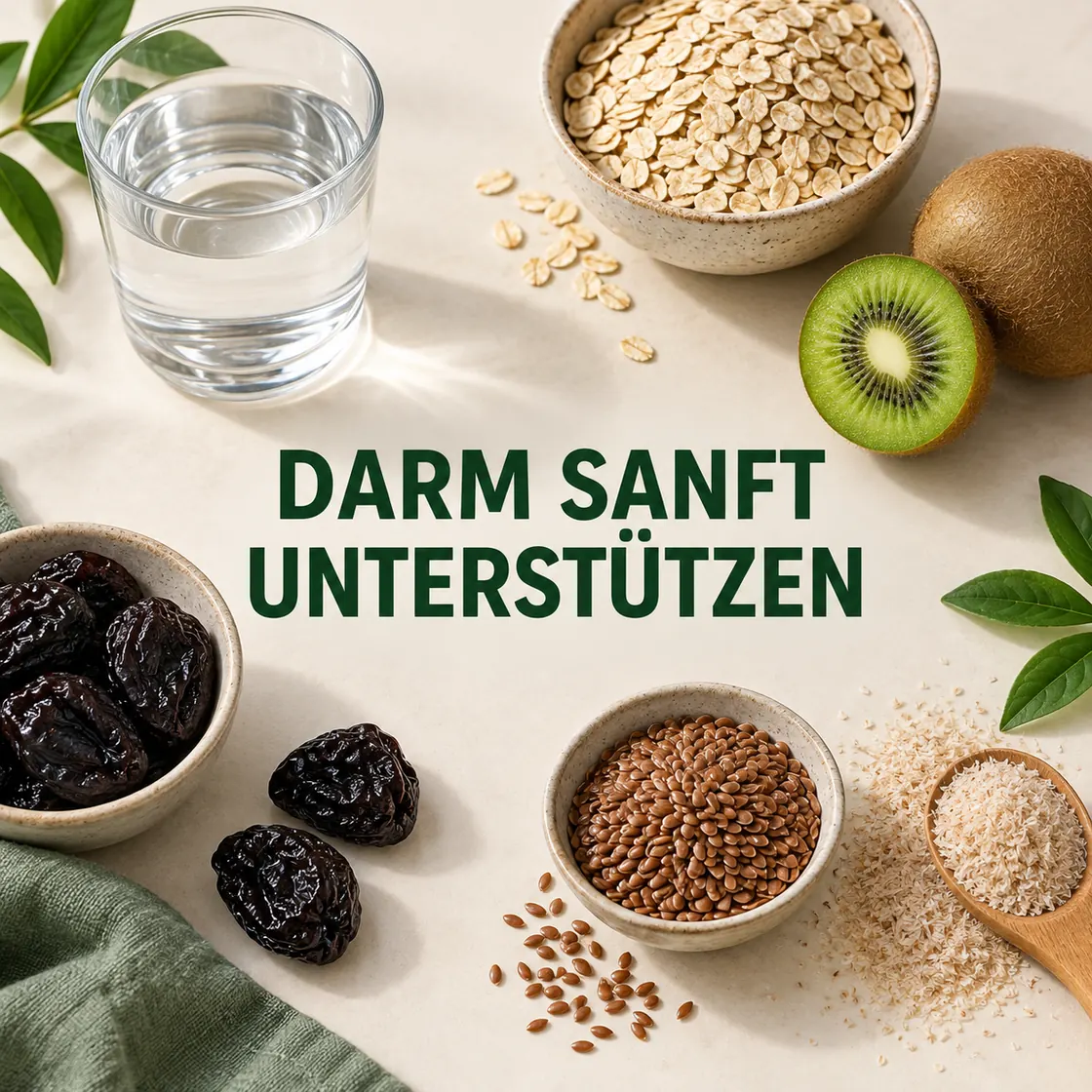 Darm reinigen Hausmittel – Wasser, Hafer, Kiwi, Trockenpflaumen, Leinsamen und Flohsamenschalen.